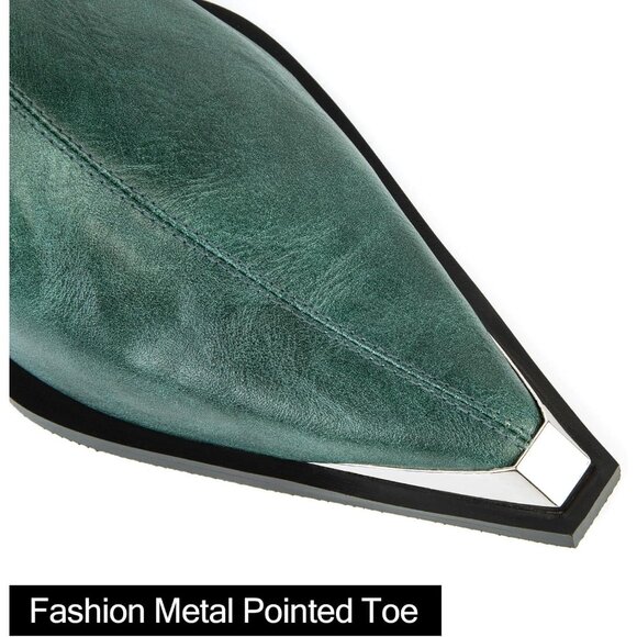 Women Green Metal Leather Side Zipper Chunky Block Heels Comfortable Fall Boots - Picture 4 of 6